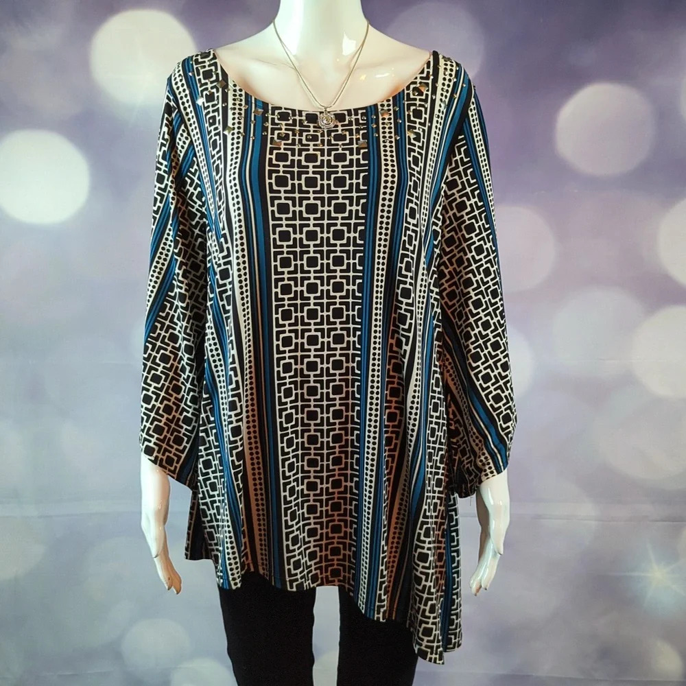 ALFANI sz XL Asymmetrical Striped Long Sleeve Tunic Top with Flared Bell Sleeves